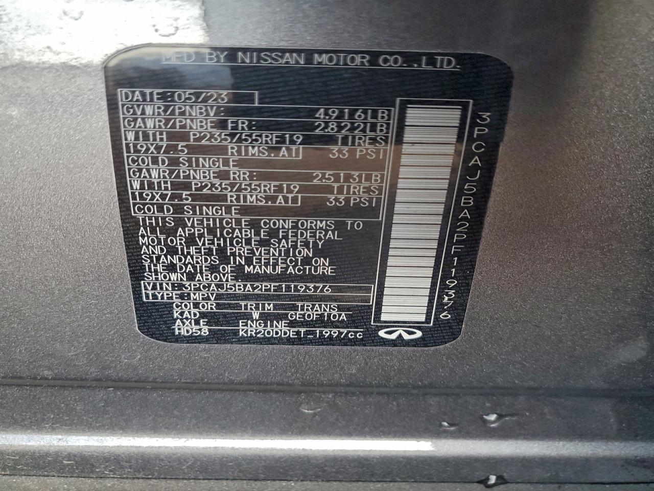 2023 Infiniti Qx50 Luxe VIN: 3PCAJ5BA2PF119376 Lot: 93833215