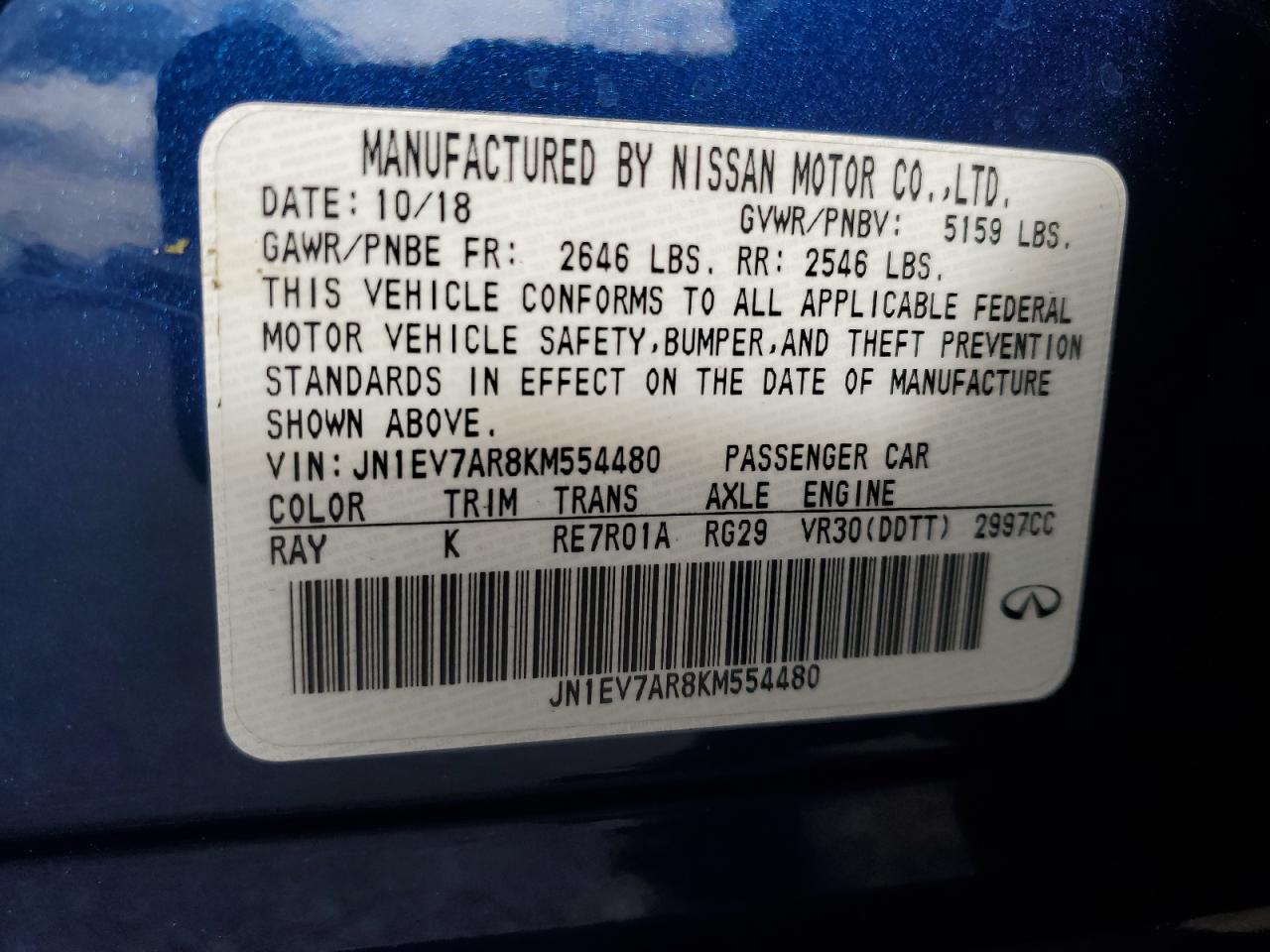 2019 Infiniti Q50 Luxe VIN: JN1EV7AR8KM554480 Lot: 92092075