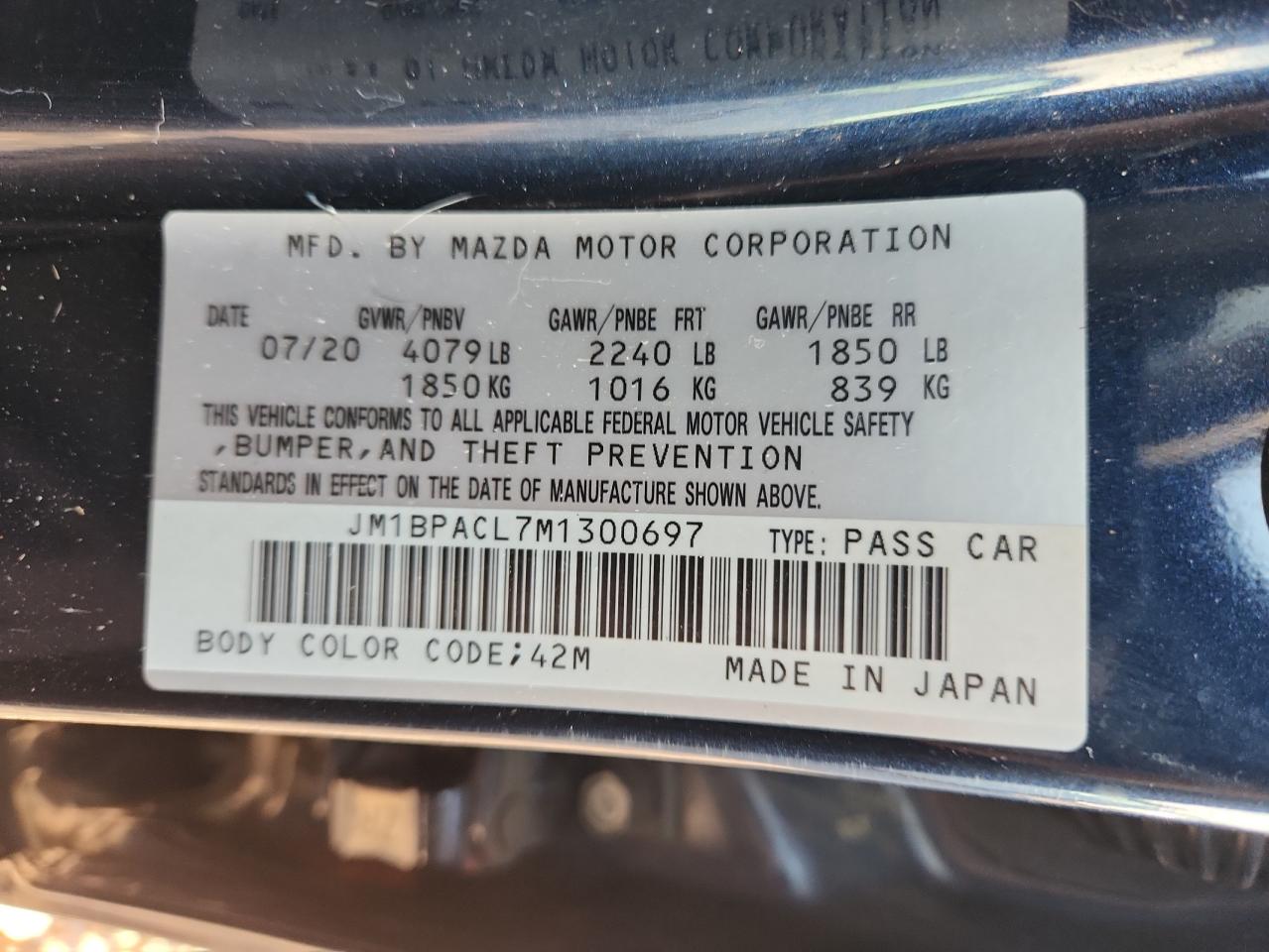 2021 Mazda 3 Preferred VIN: JM1BPACL7M1300697 Lot: 91121185