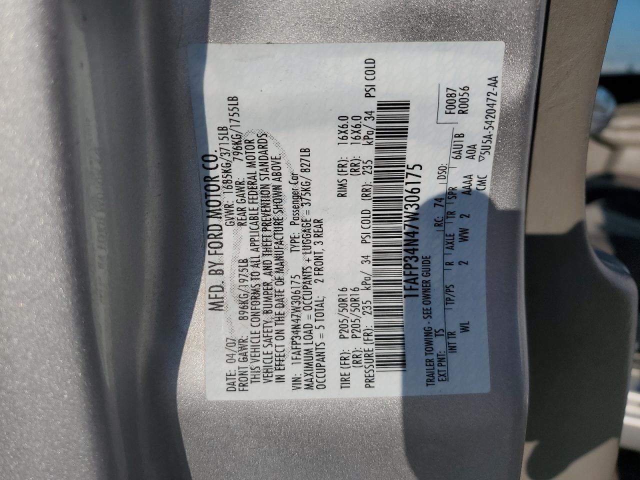 2007 Ford Focus Zx4 VIN: 1FAFP34N47W306175 Lot: 93537175