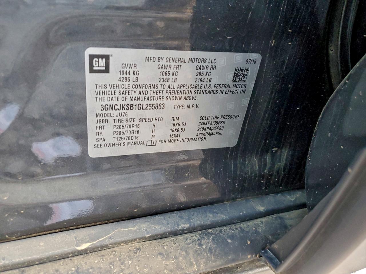 2016 Chevrolet Trax Ls VIN: 3GNCJKSB1GL255863 Lot: 94804365