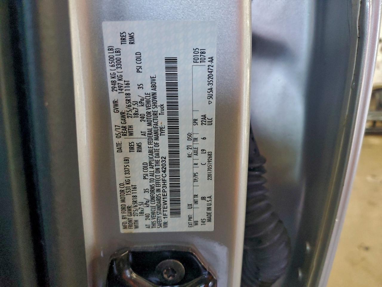 2017 Ford F150 Supercrew VIN: 1FTEW1EP3HFC42032 Lot: 93715225