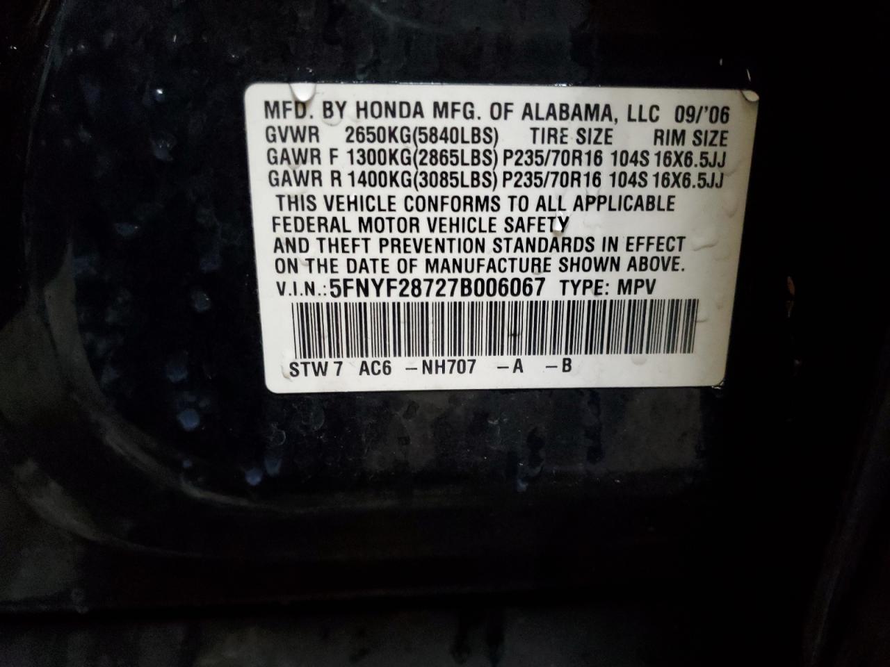 2007 Honda Pilot Exl VIN: 5FNYF28727B006067 Lot: 93138245