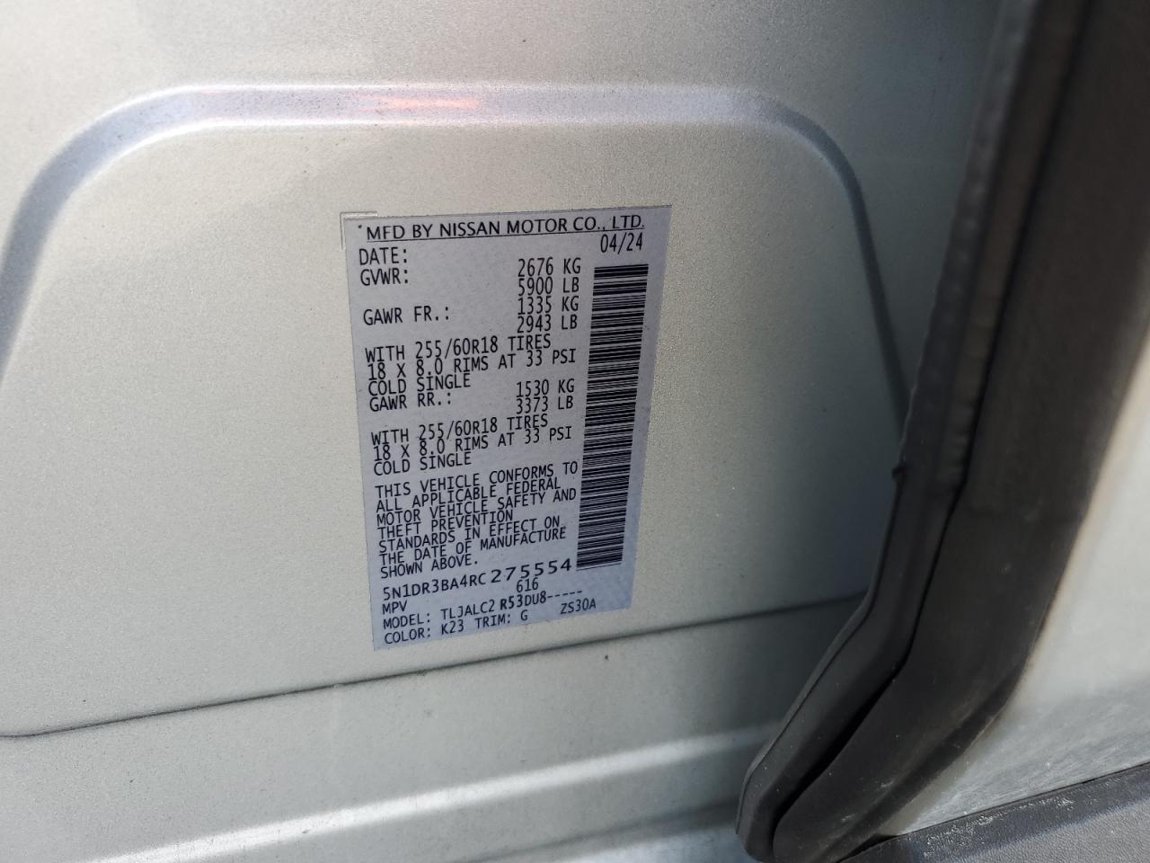 2024 Nissan Pathfinder Sv VIN: 5N1DR3BA4RC275554 Lot: 87280495