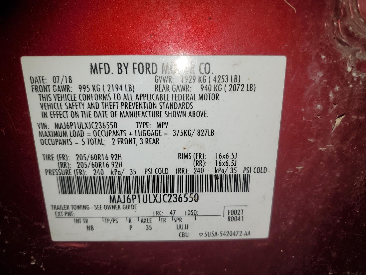 2018 Ford Ecosport Se VIN: MAJ6P1ULXJC236550 Lot: 93410485