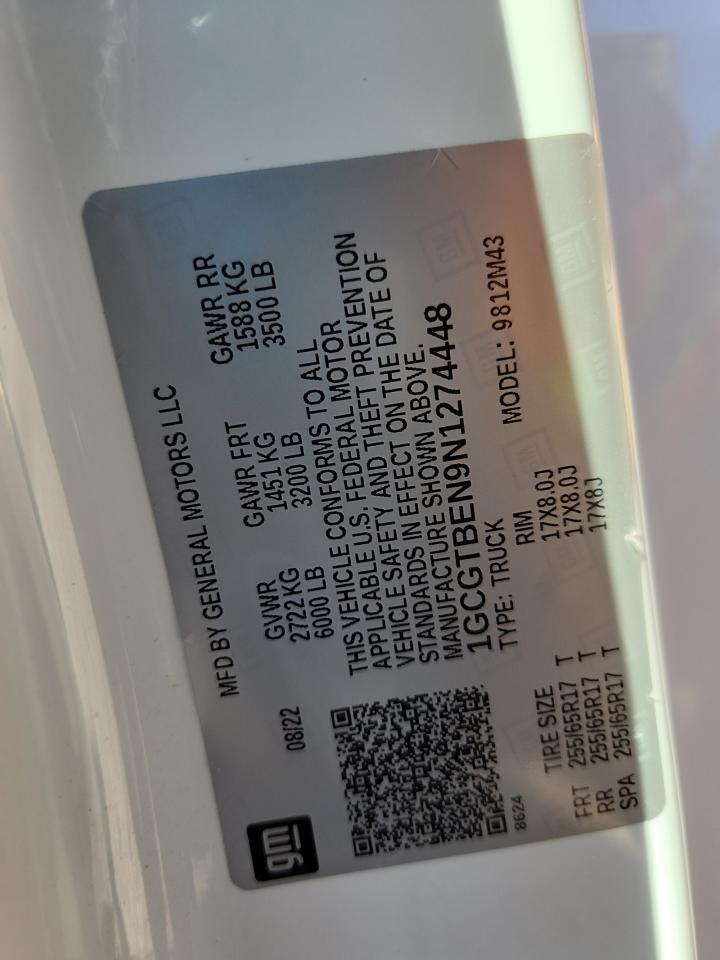 2022 Chevrolet Colorado VIN: 1GCGTBEN9N1274448 Lot: 91267945