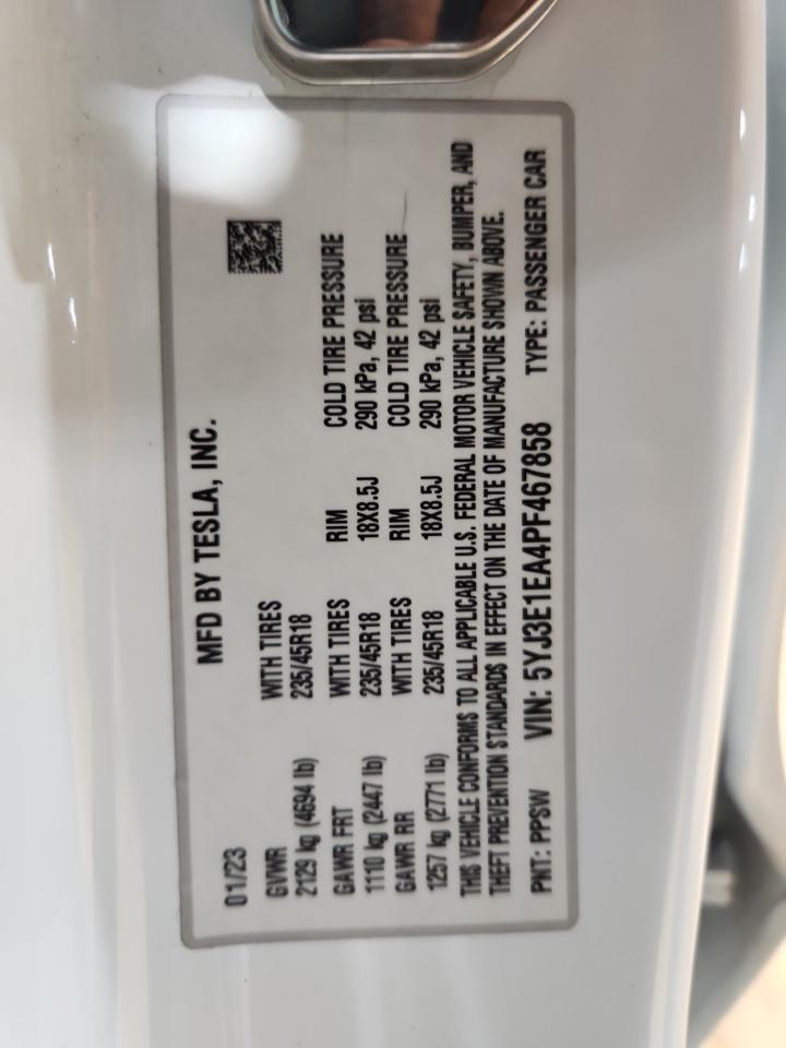 2023 Tesla Model 3 VIN: 5YJ3E1EA4PF467858 Lot: 93122805