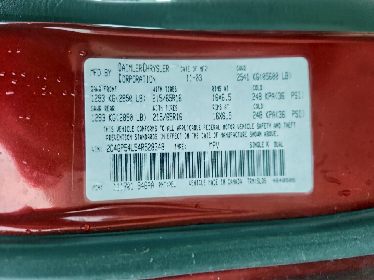 2004 Chrysler Town & Country Touring VIN: 2C4GP54L54R528348 Lot: 93758495