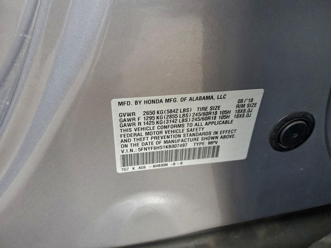 2019 Honda Pilot Exl VIN: 5FNYF6H51KB007497 Lot: 93987695