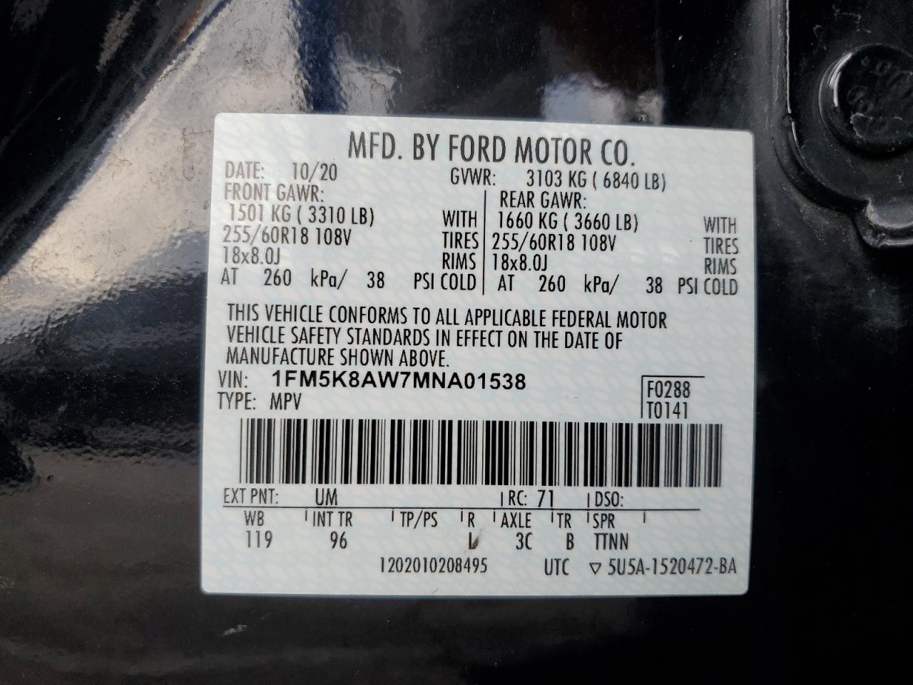 2021 Ford Explorer Police Interceptor VIN: 1FM5K8AW7MNA01538 Lot: 91681535