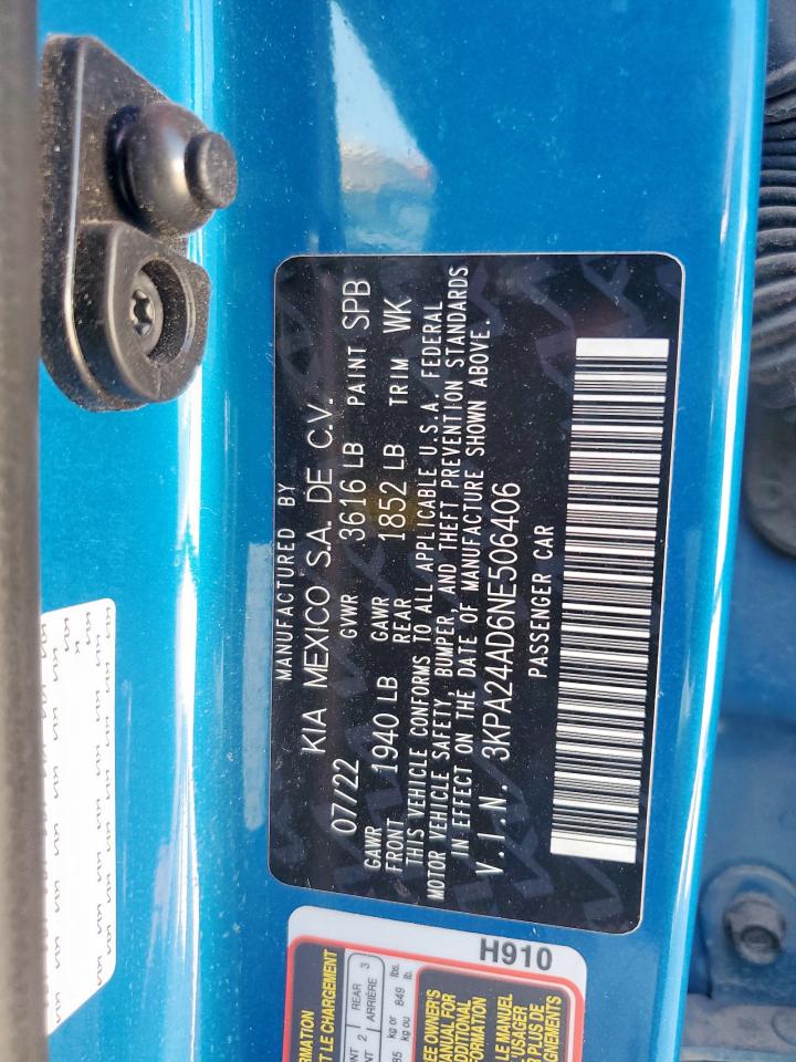 2022 Kia Rio Lx VIN: 3KPA24AD6NE506406 Lot: 91330205