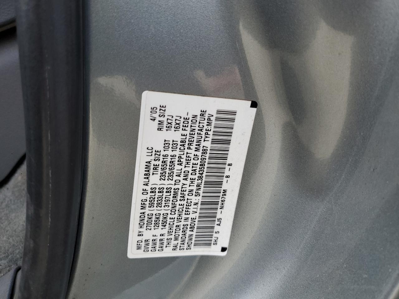 2005 Honda Odyssey Ex VIN: 5FNRL38435B097887 Lot: 82233815