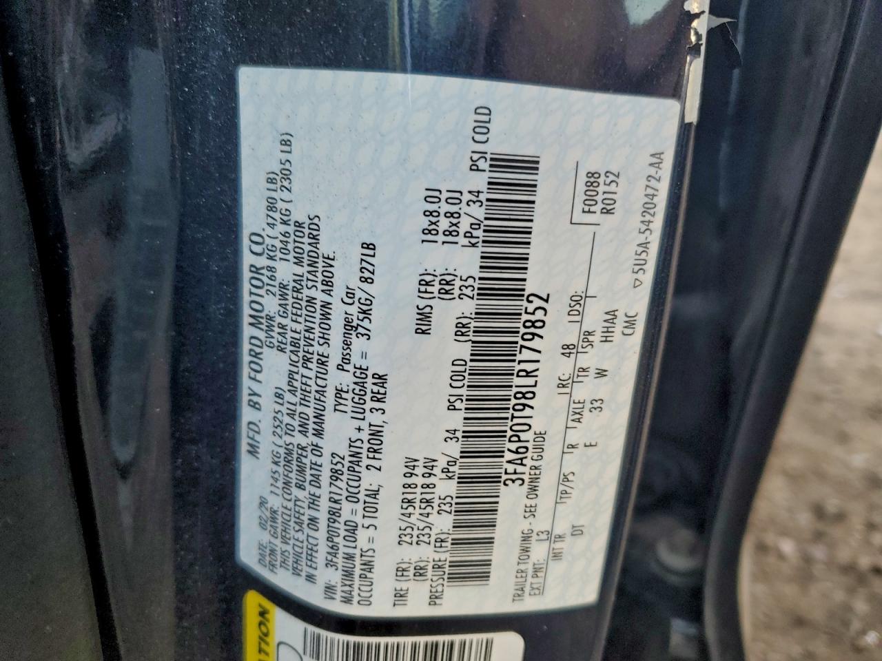 2020 Ford Fusion Se VIN: 3FA6P0T98LR179852 Lot: 93886275