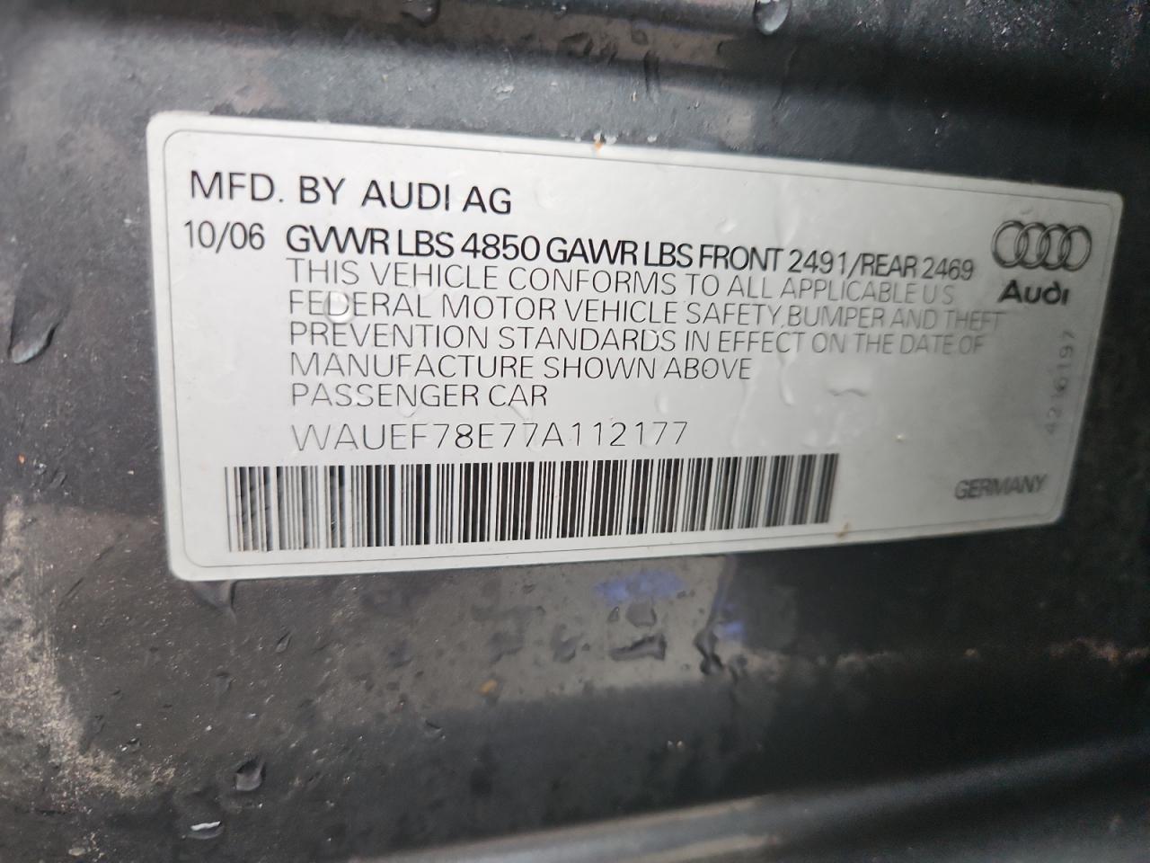 2007 Audi A4 S-Line 2.0T Quattro Turbo VIN: WAUEF78E77A112177 Lot: 92210045