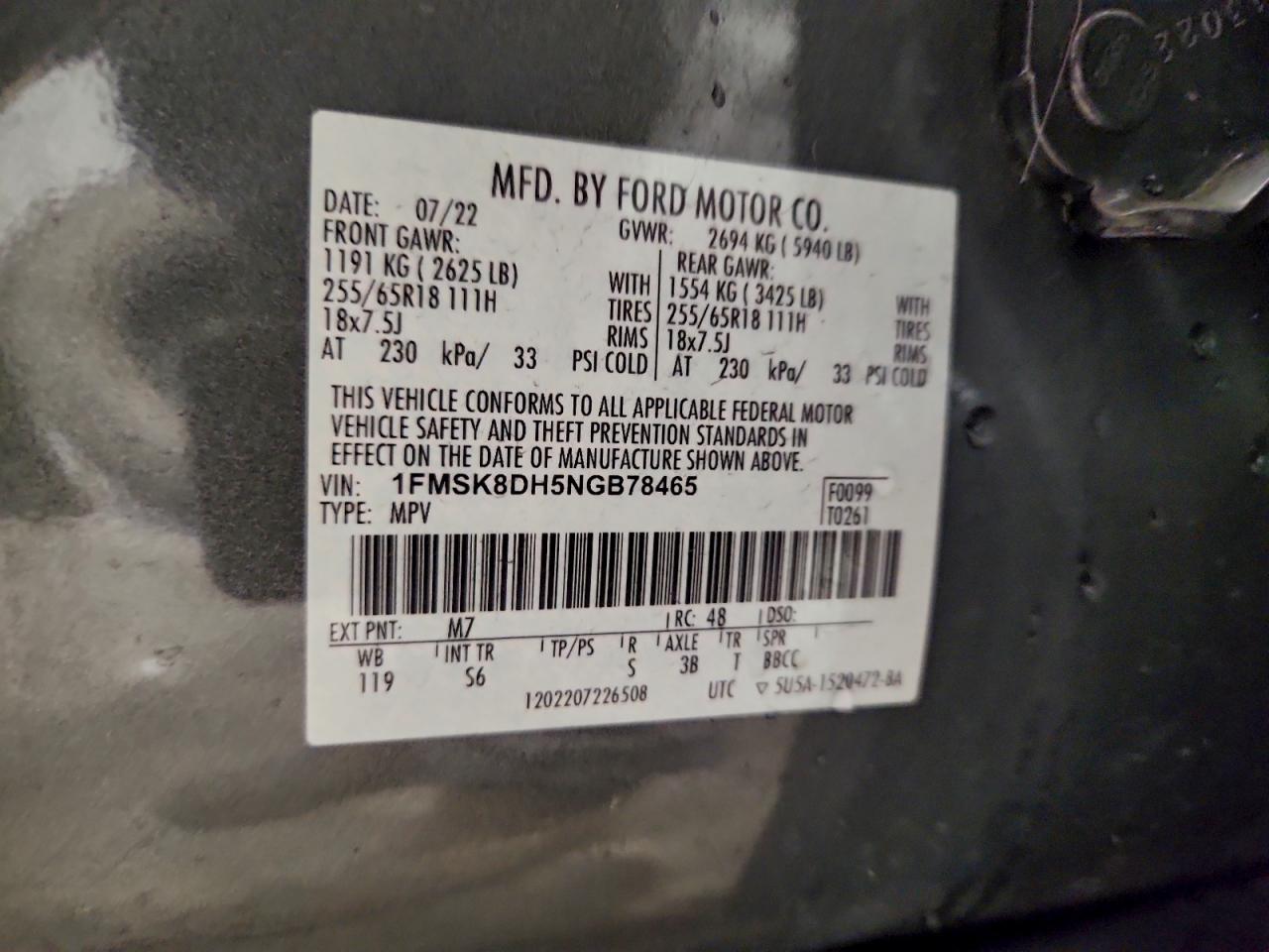 2022 Ford Explorer Xlt VIN: 1FMSK8DH5NGB78465 Lot: 93751415