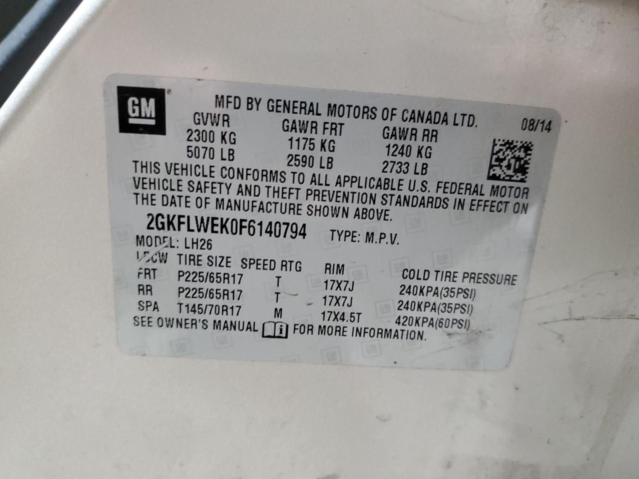 2015 GMC Terrain Sle VIN: 2GKFLWEK0F6140794 Lot: 93371815