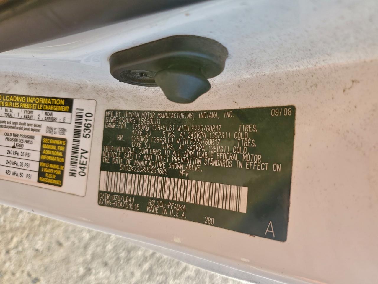 2009 Toyota Sienna Xle VIN: 5TDZK22C89S251685 Lot: 94173265