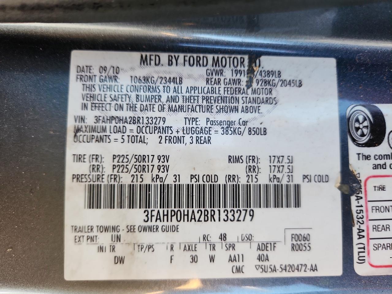 2011 Ford Fusion Se VIN: 3FAHP0HA2BR133279 Lot: 92831885