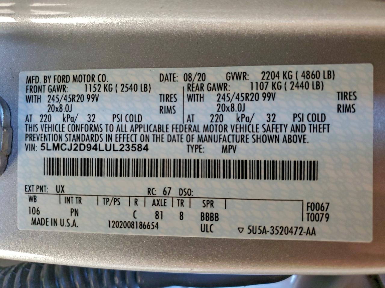 2020 Lincoln Corsair Reserve VIN: 5LMCJ2D94LUL23584 Lot: 94063375