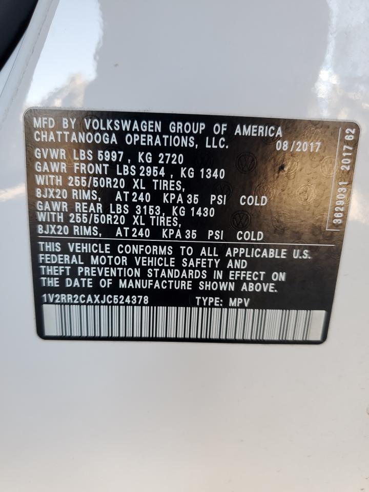 2018 Volkswagen Atlas Sel VIN: 1V2RR2CAXJC524378 Lot: 92615345