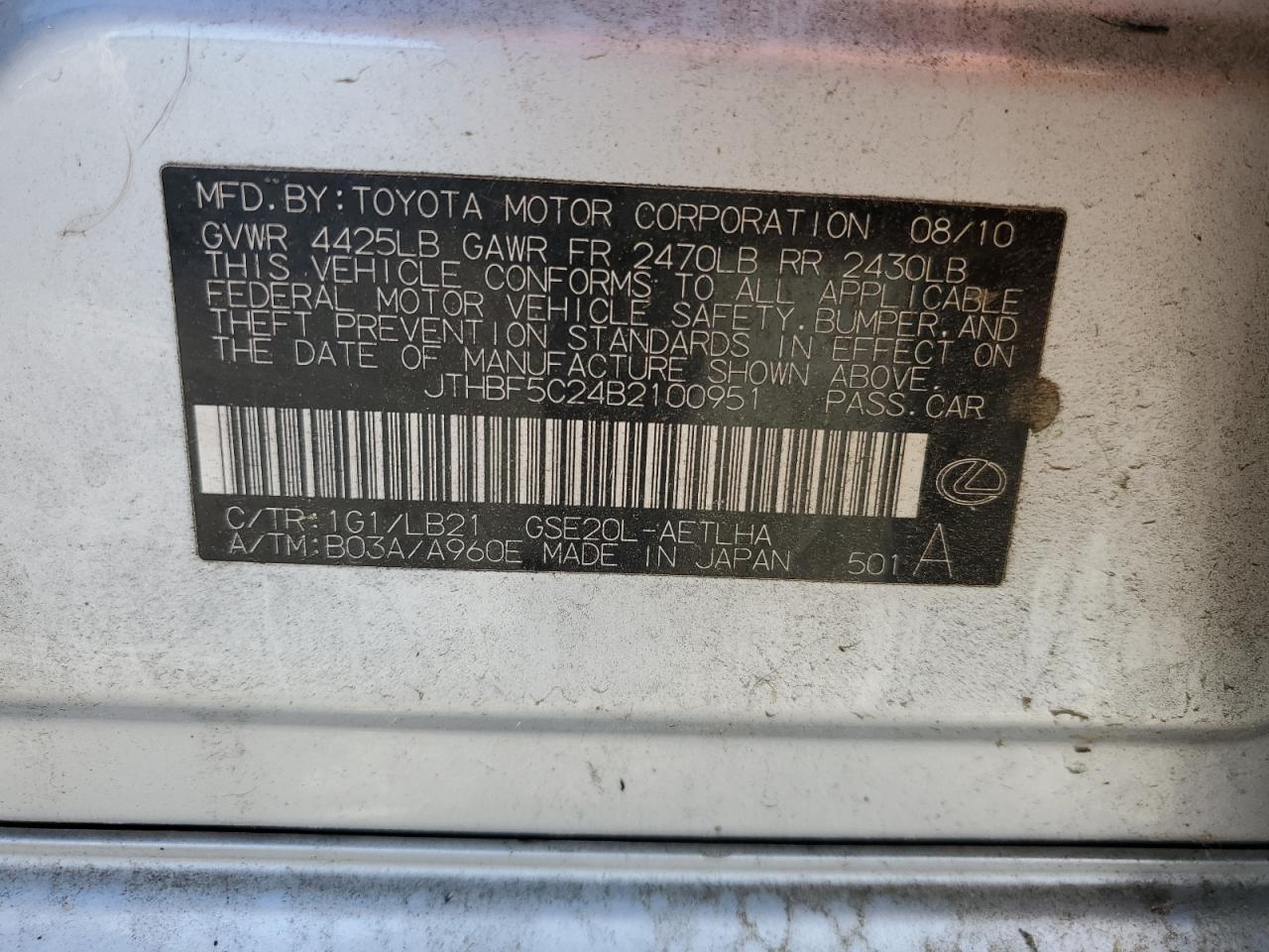 2011 Lexus Is 250 VIN: JTHBF5C24B2100951 Lot: 93524405