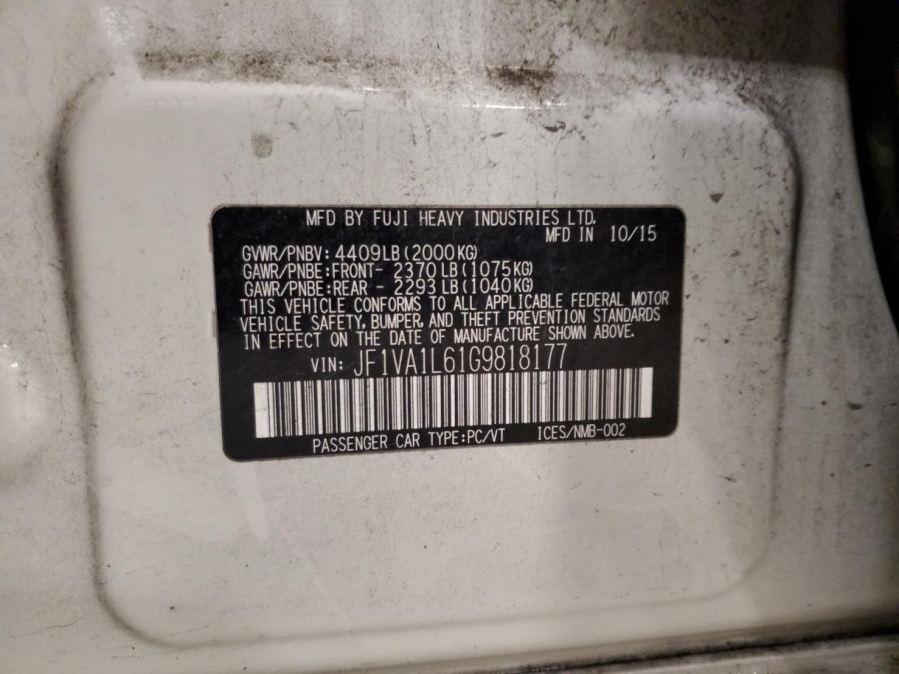 2016 Subaru Wrx Limited VIN: JF1VA1L61G9818177 Lot: 92737175