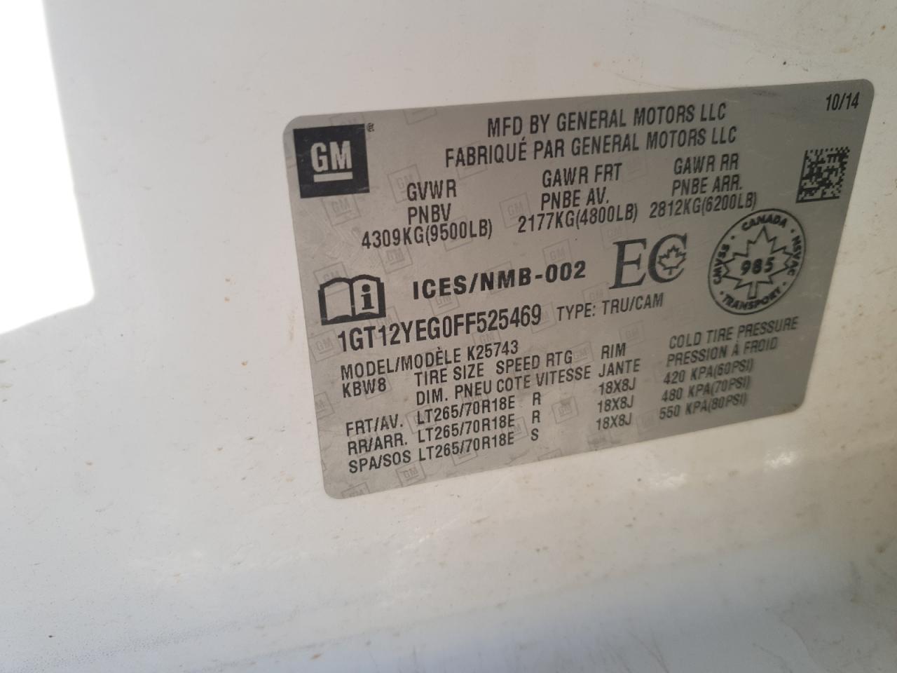 2015 GMC Sierra K2500 Sle VIN: 1GT12YEG0FF525469 Lot: 91215575