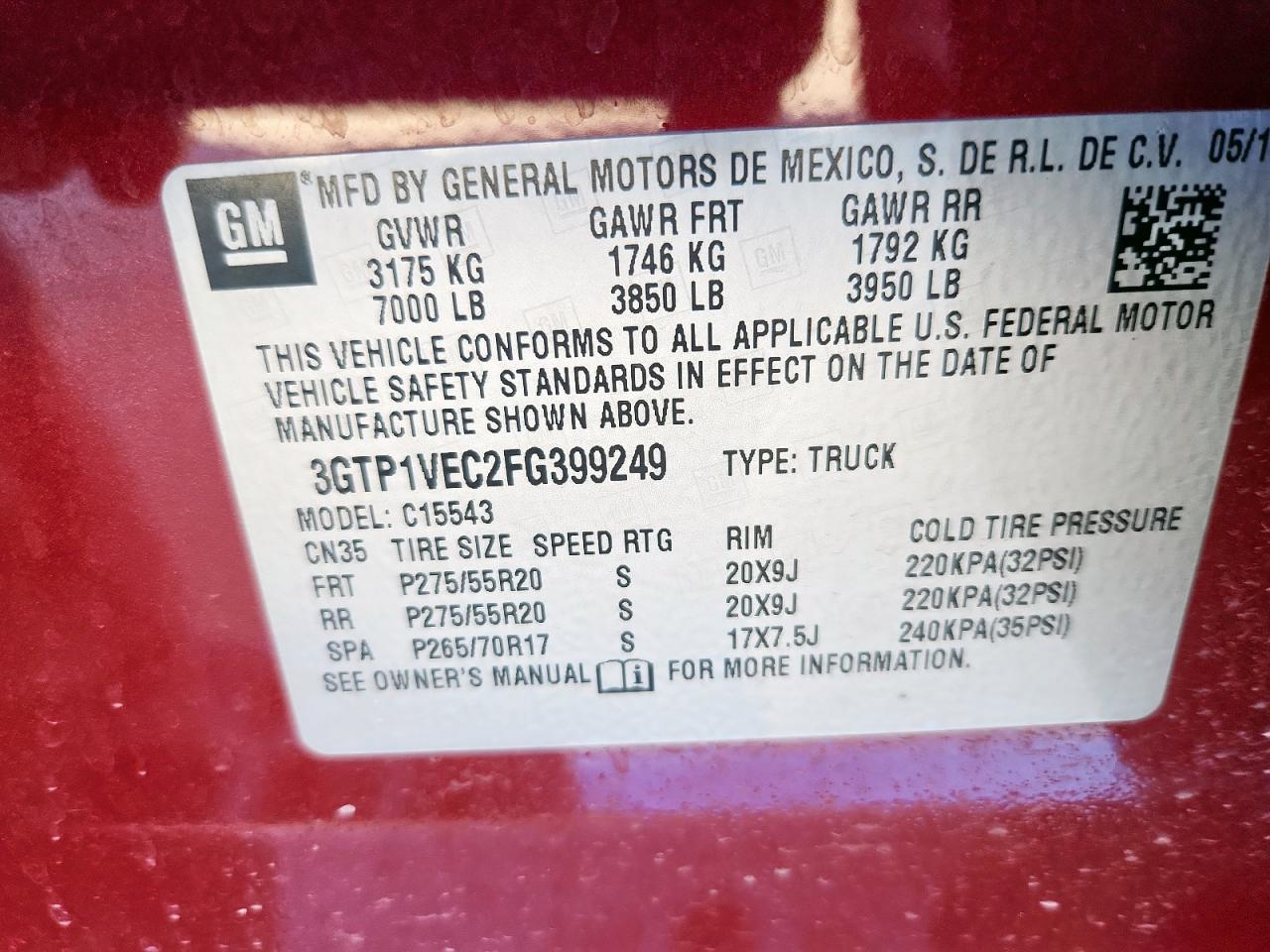 2015 GMC Sierra C1500 Slt VIN: 3GTP1VEC2FG399249 Lot: 91185135