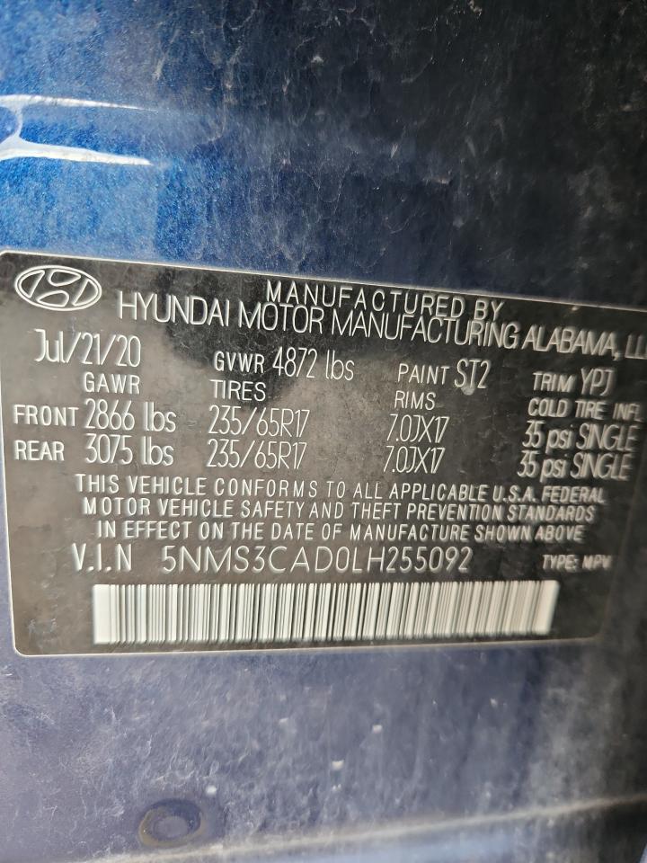 2020 Hyundai Santa Fe Sel VIN: 5NMS3CAD0LH255092 Lot: 92480085
