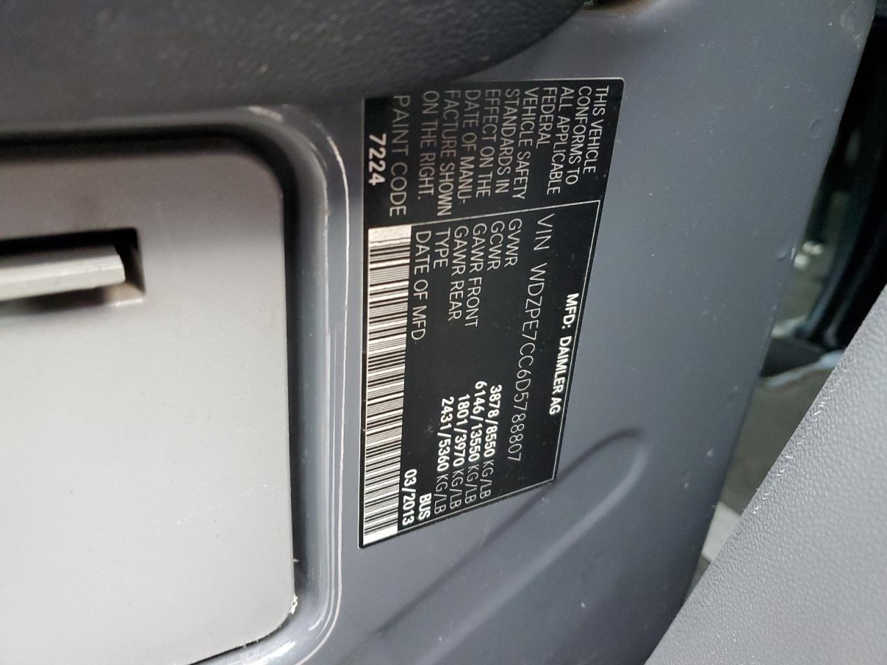 2013 Mercedes-Benz Sprinter 2500 VIN: WDZPE7CC6D5788807 Lot: 92029505