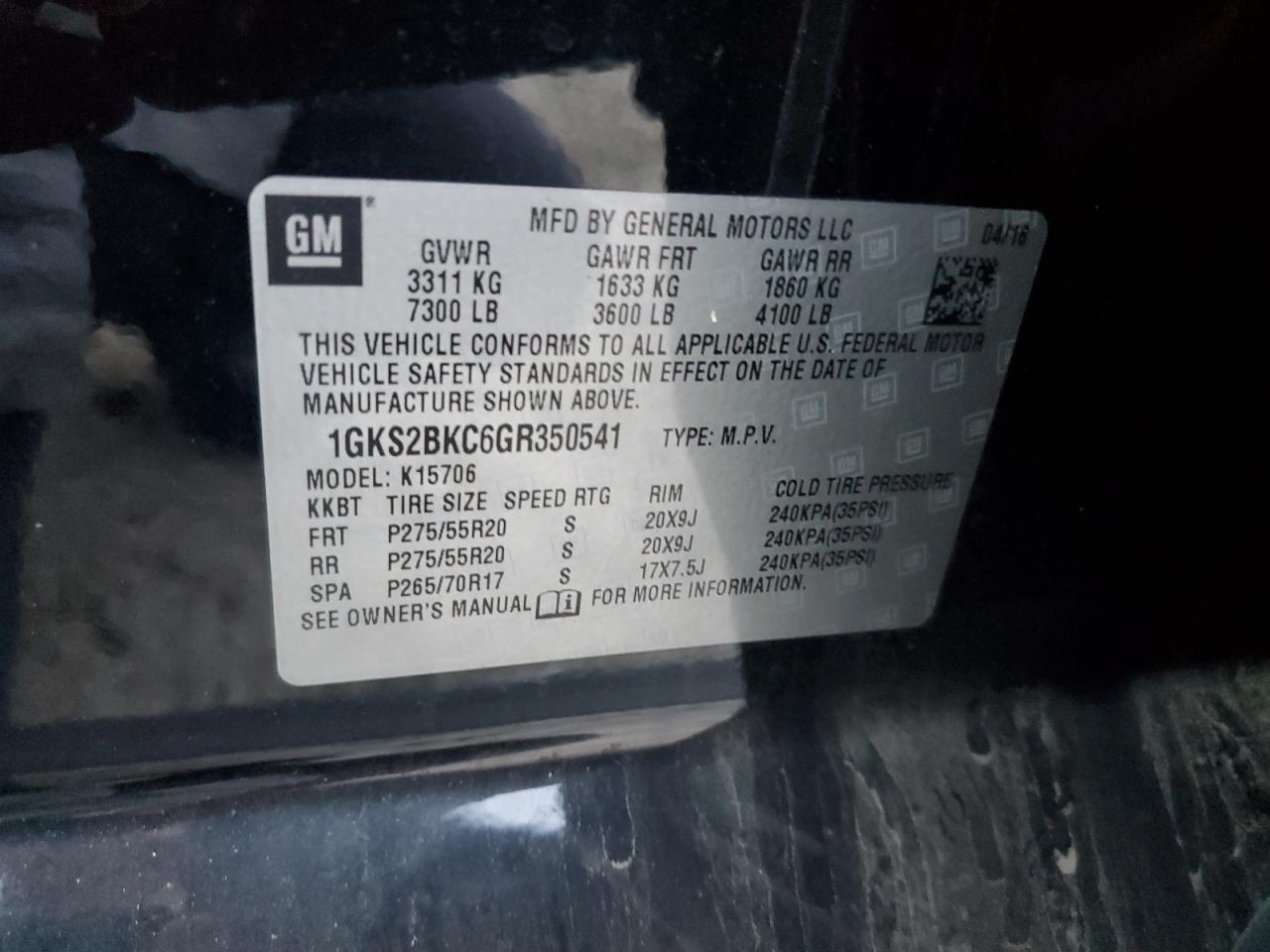 2016 GMC Yukon Slt VIN: 1GKS2BKC6GR350541 Lot: 90985465