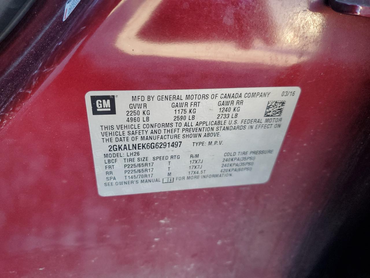 2016 GMC Terrain Sle VIN: 2GKALNEK6G6291497 Lot: 93271105