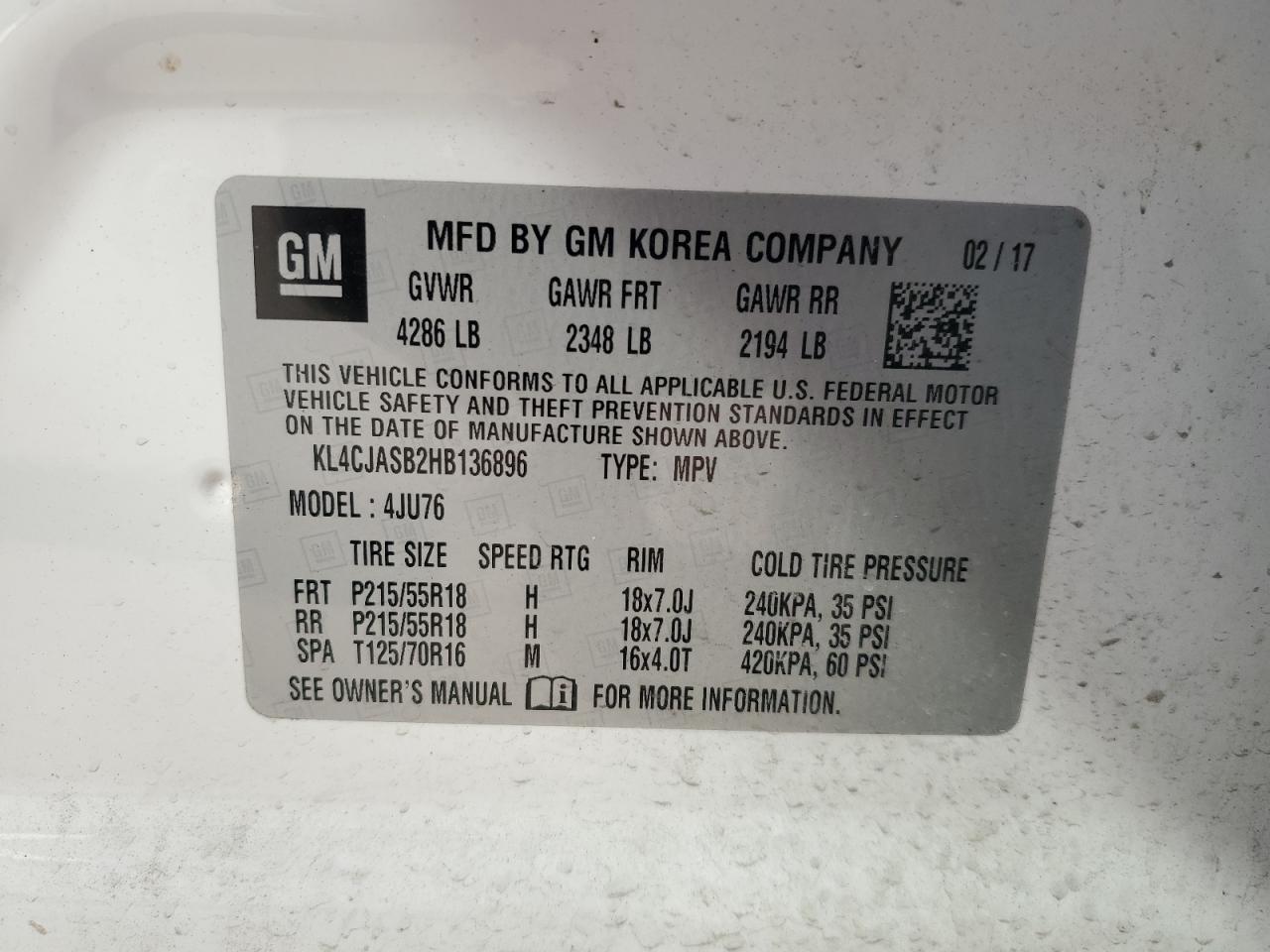 2017 Buick Encore Preferred VIN: KL4CJASB2HB136896 Lot: 92531225