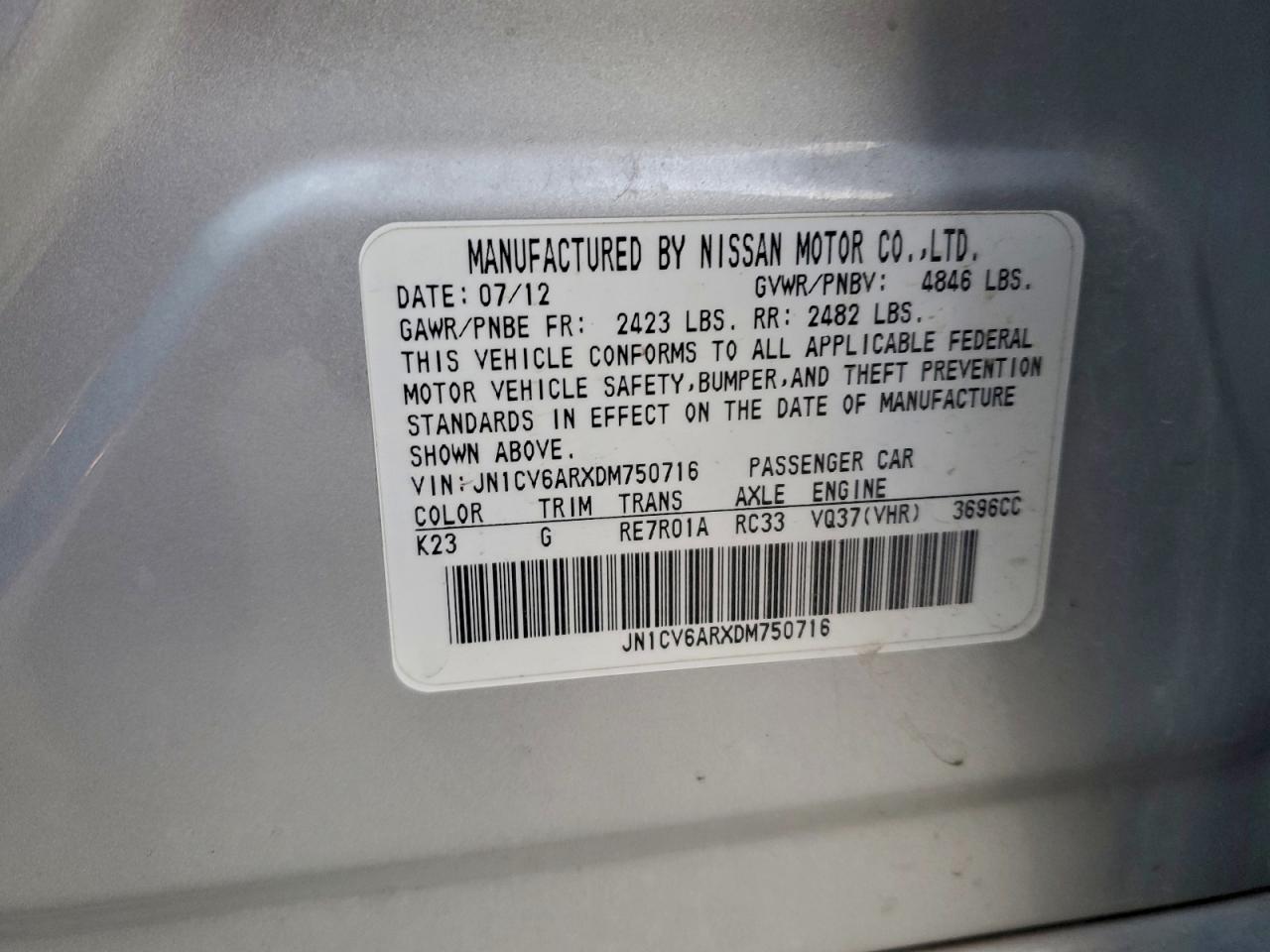 2013 Infiniti G37 VIN: JN1CV6ARXDM750716 Lot: 94392465