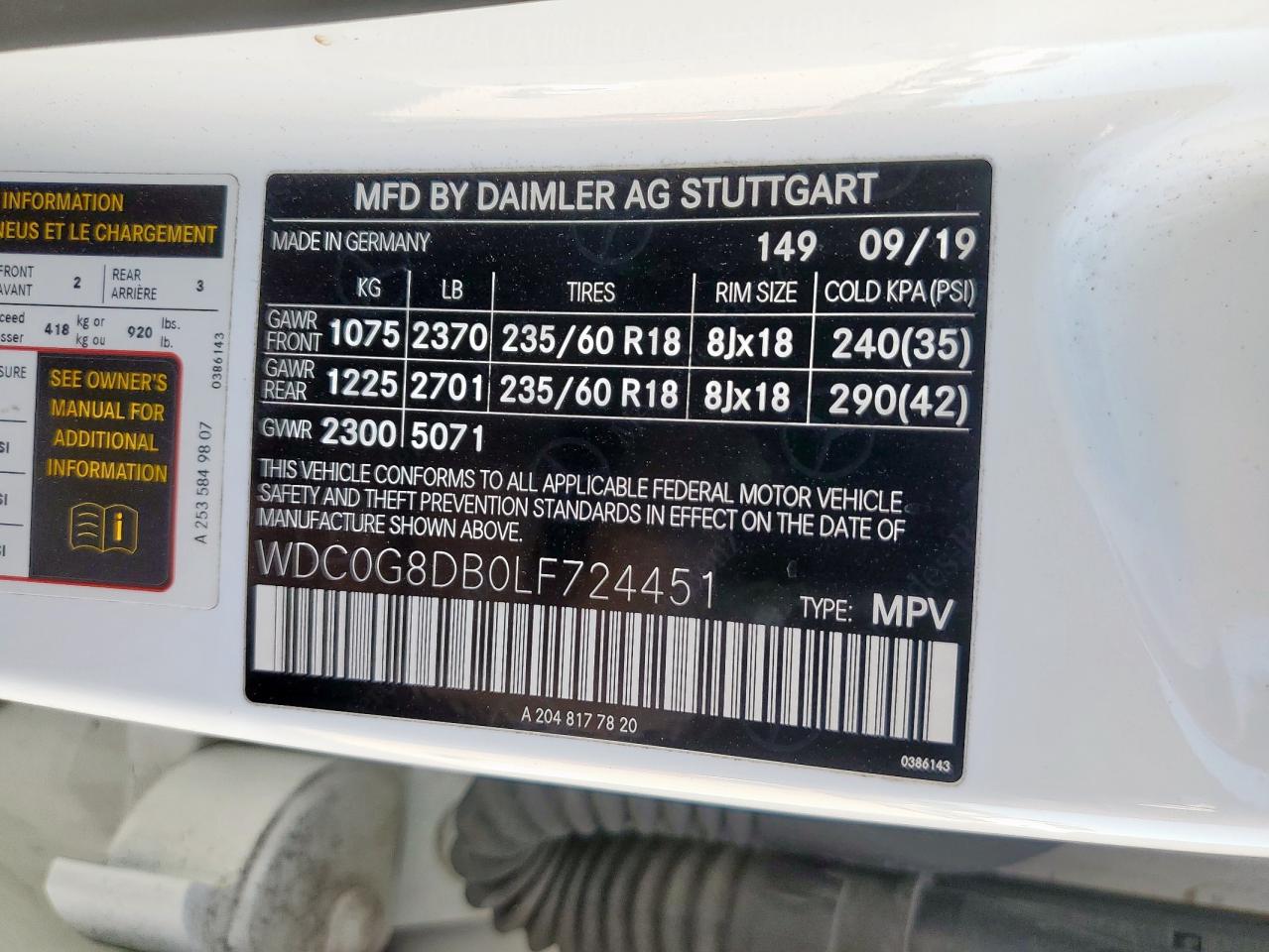 2020 Mercedes-Benz Glc 300 VIN: WDC0G8DB0LF724451 Lot: 91630835