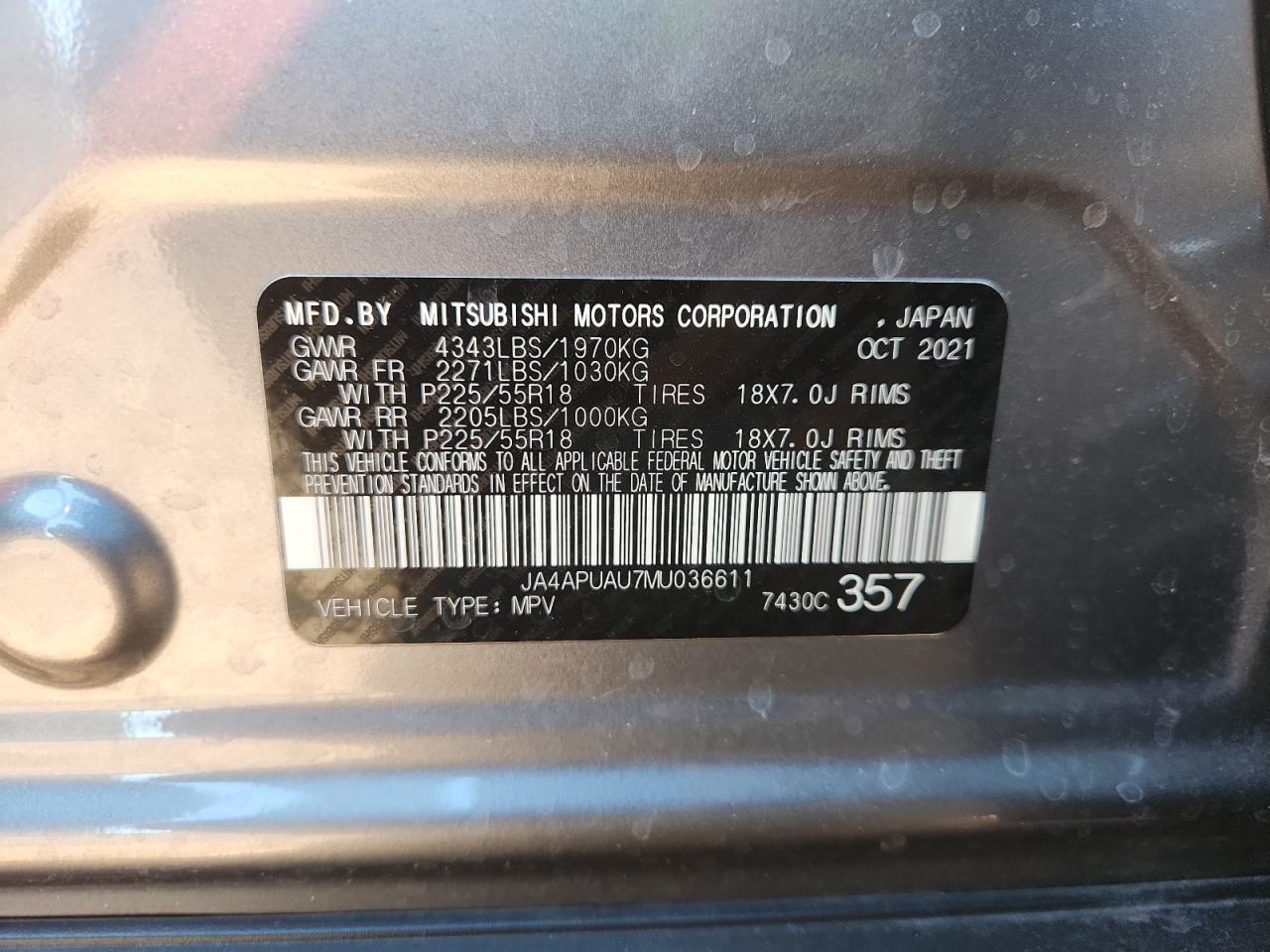 2021 Mitsubishi Outlander Sport Es VIN: JA4APUAU7MU036611 Lot: 91135245