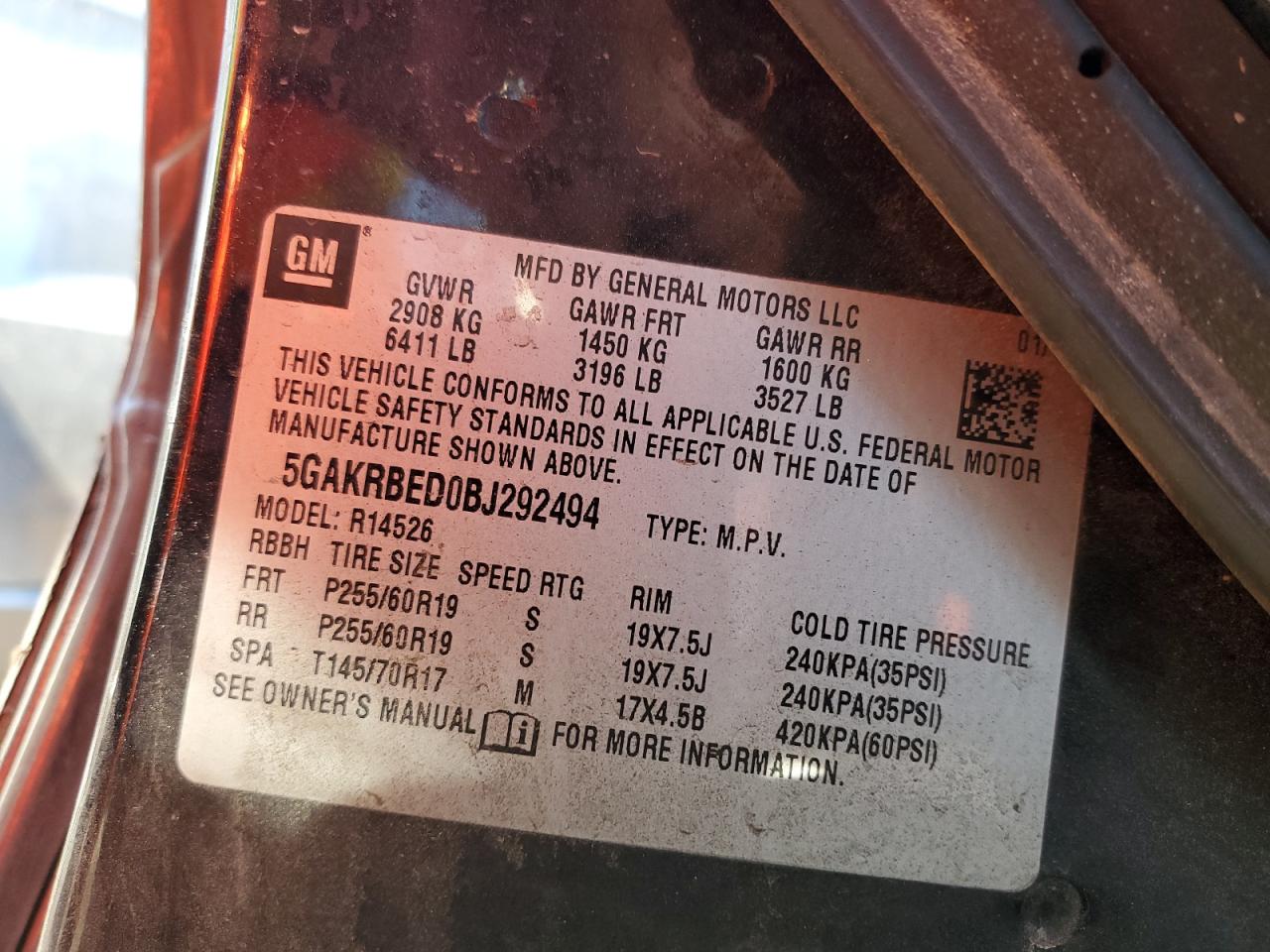 2011 Buick Enclave Cxl VIN: 5GAKRBED0BJ292494 Lot: 93503705