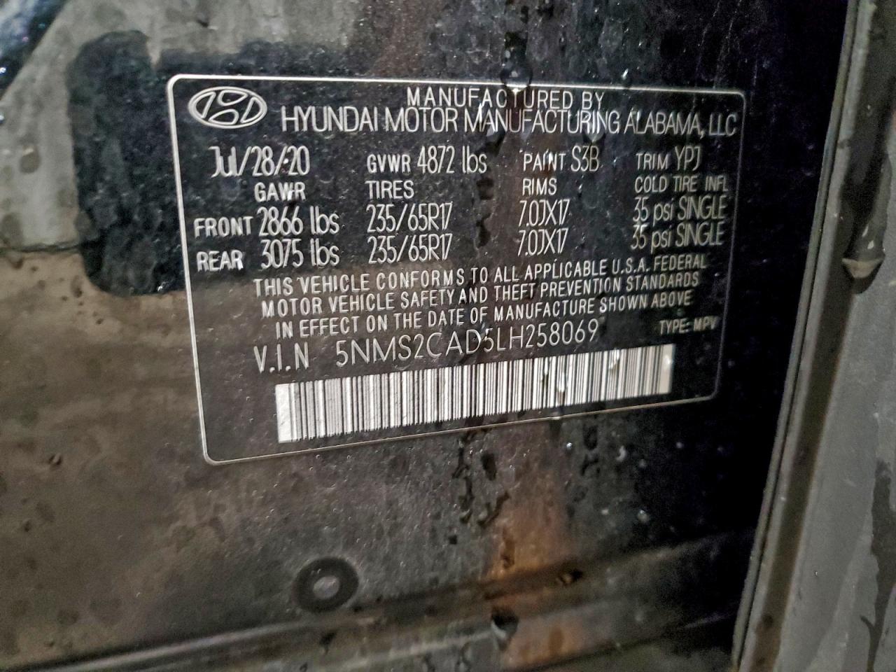 2020 Hyundai Santa Fe Se VIN: 5NMS2CAD5LH258069 Lot: 94383945