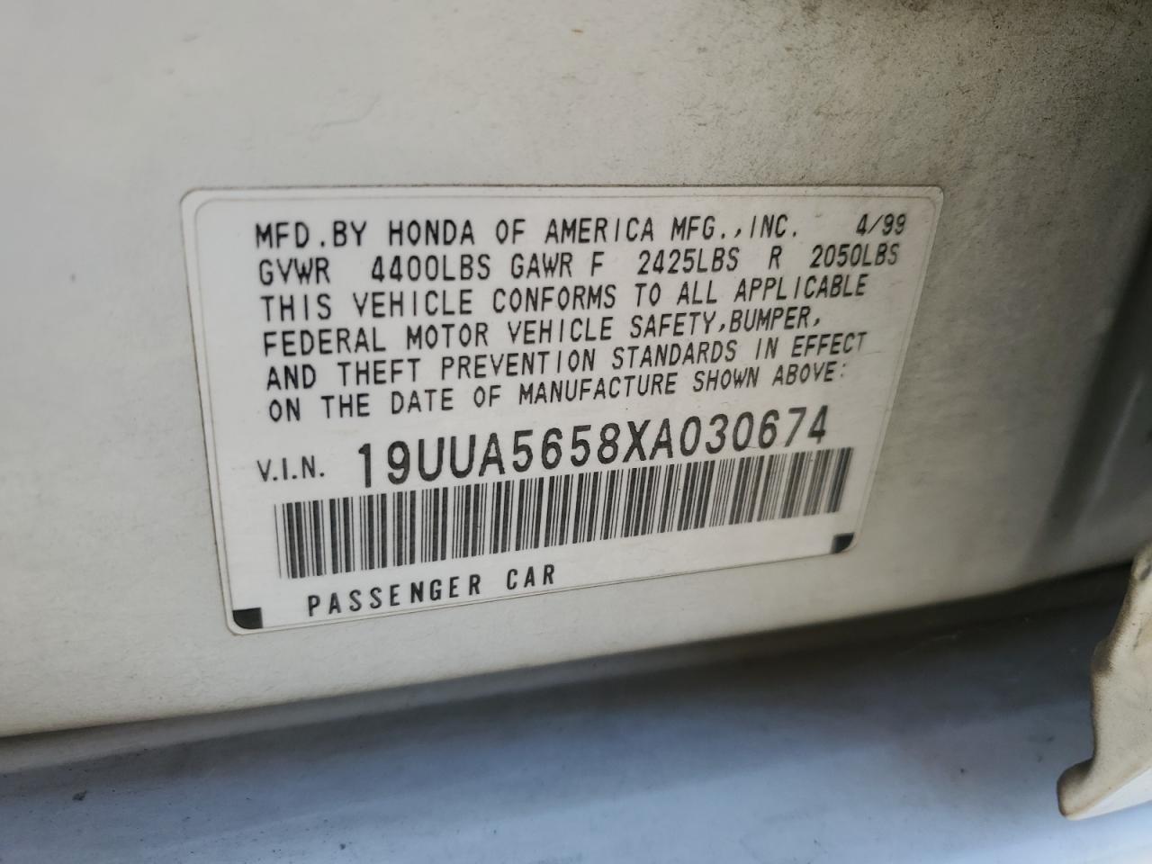 1999 Acura 3.2Tl VIN: 19UUA5658XA030674 Lot: 92205185