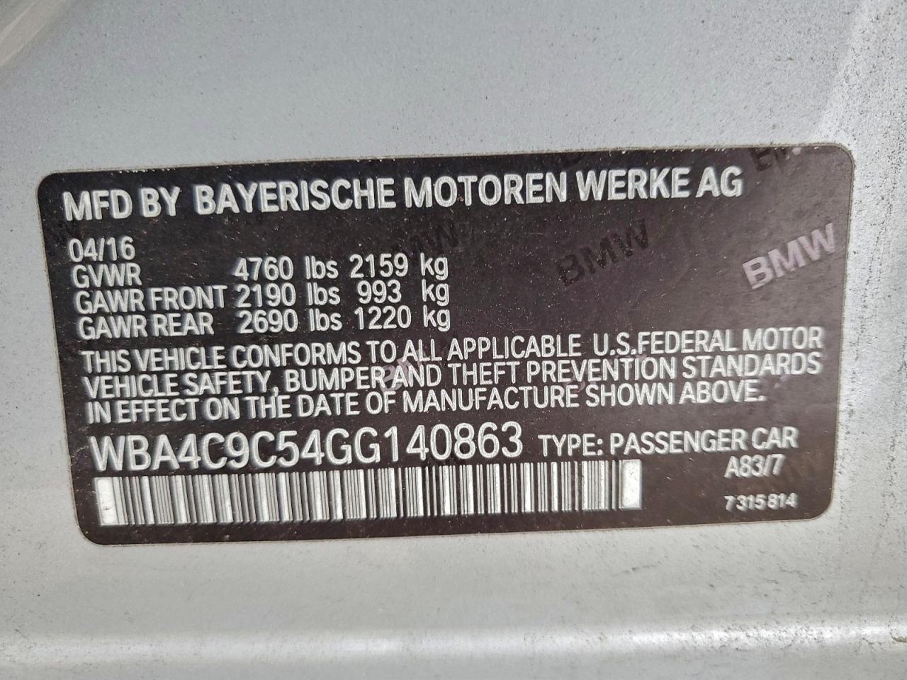 2016 BMW 428 Xi Gran Coupe Sulev VIN: WBA4C9C54GG140863 Lot: 93602355