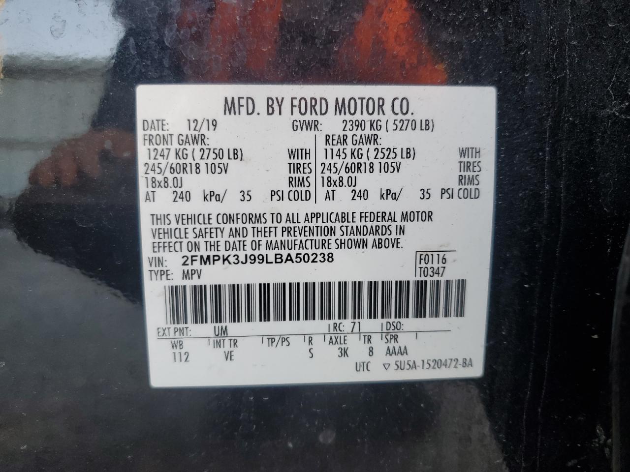 2020 Ford Edge Sel VIN: 2FMPK3J99LBA50238 Lot: 87314555