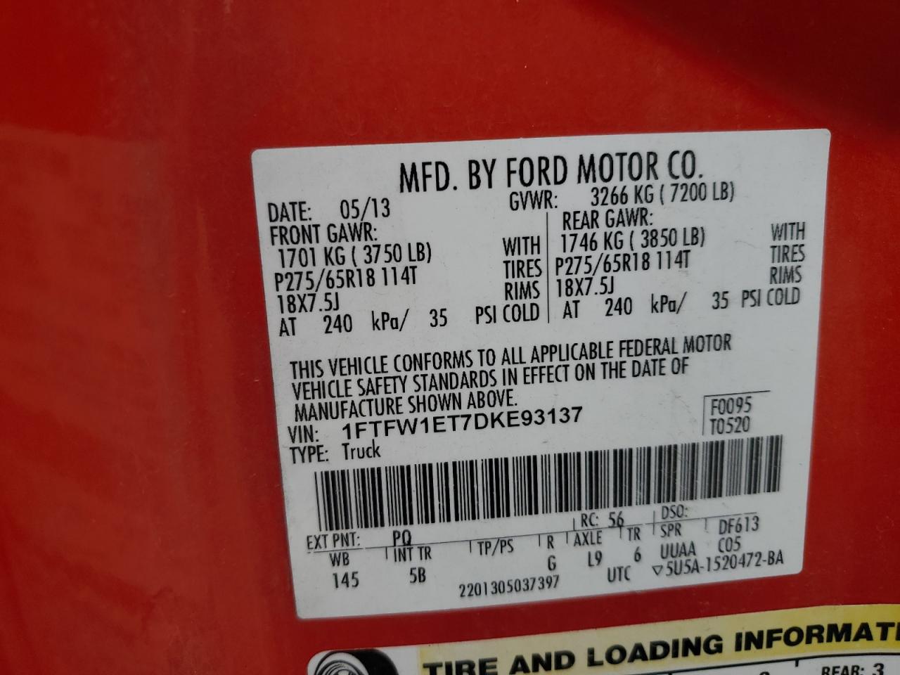 2013 Ford F150 Supercrew VIN: 1FTFW1ET7DKE93137 Lot: 92666995