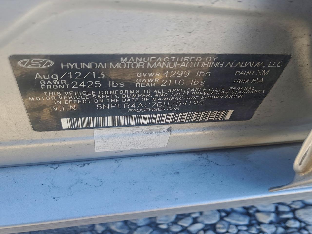 2013 Hyundai Sonata Gls VIN: 5NPEB4AC7DH794195 Lot: 94648685