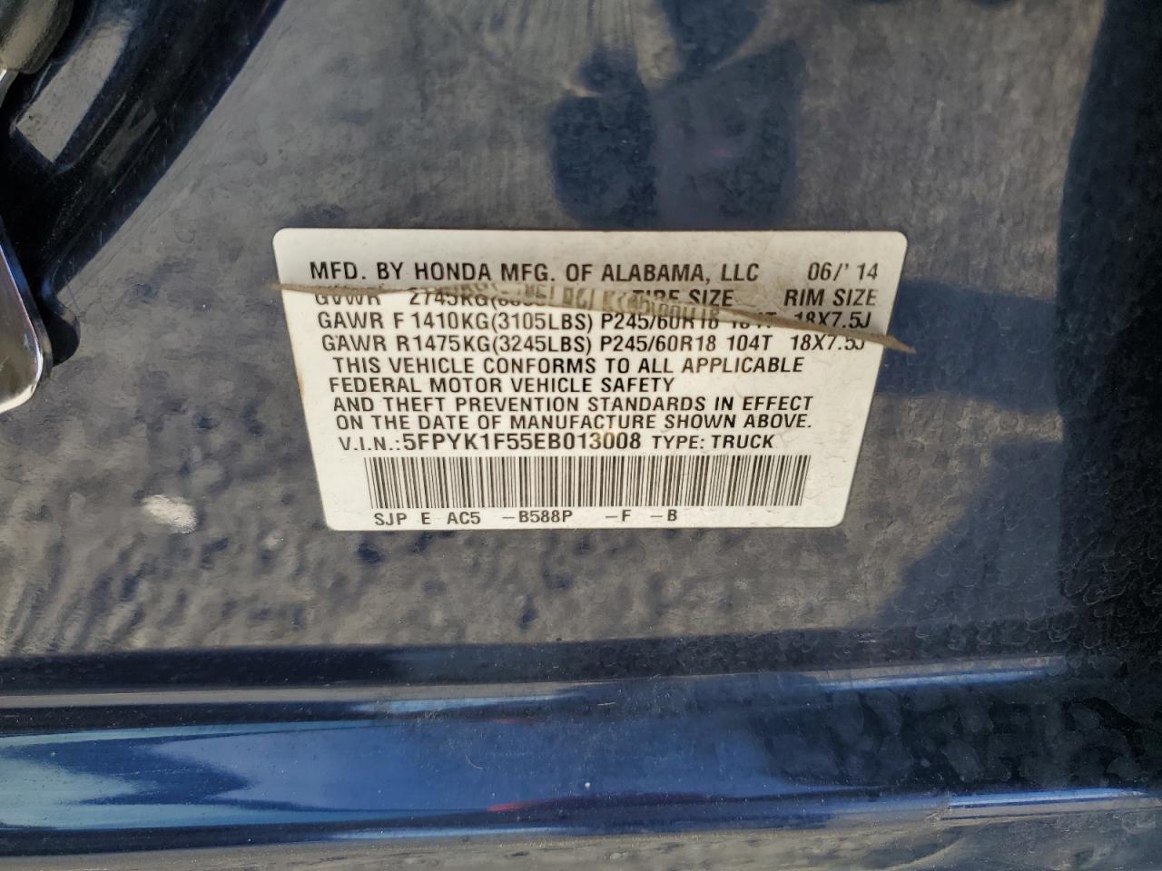 2014 Honda Ridgeline Rtl VIN: 5FPYK1F55EB013008 Lot: 93048725