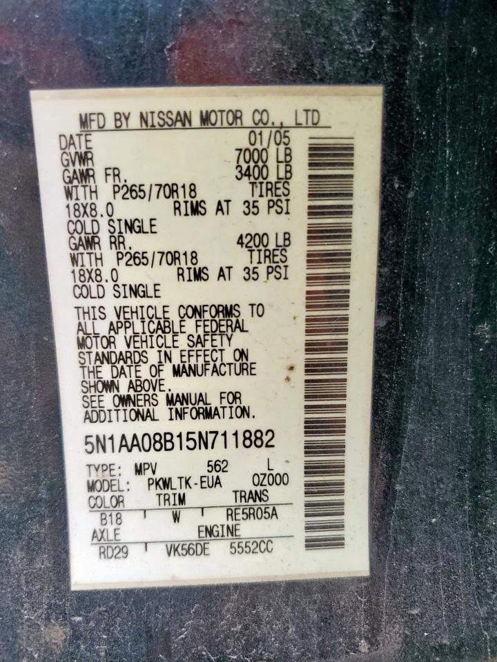 2005 Nissan Armada Se VIN: 5N1AA08B15N711882 Lot: 92626385