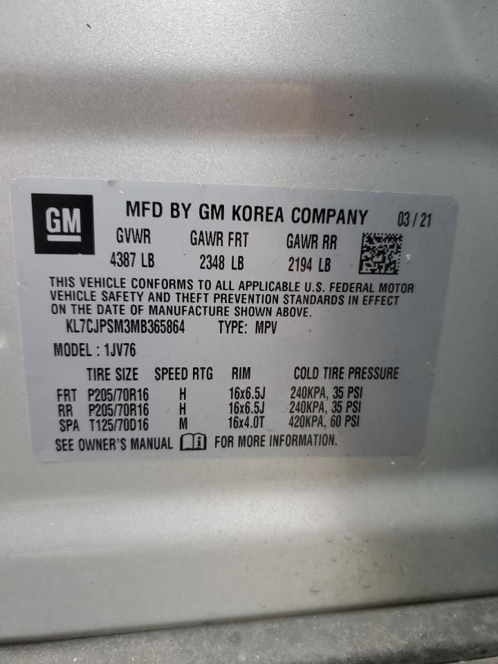 2021 Chevrolet Trax 1Lt VIN: KL7CJPSM3MB365864 Lot: 92509105