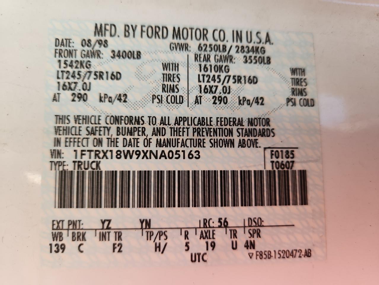 1999 Ford F150 VIN: 1FTRX18W9XNA05163 Lot: 92679615