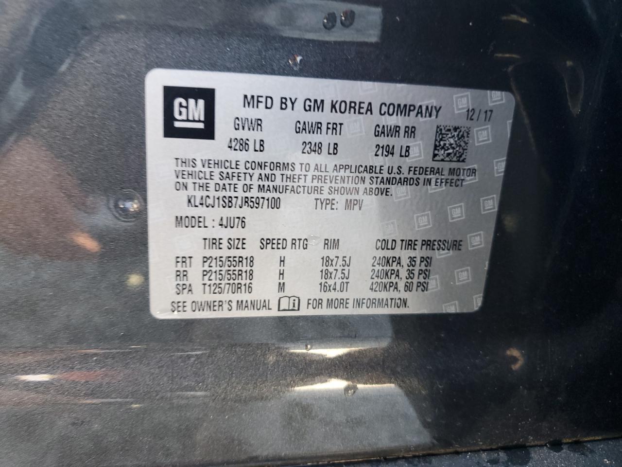 2018 Buick Encore Sport Touring VIN: KL4CJ1SB7JB597100 Lot: 93706205