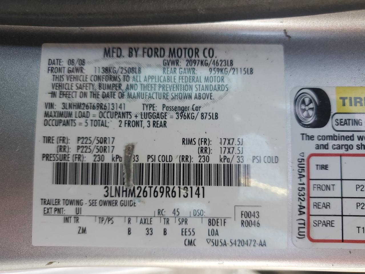 2009 Lincoln Mkz VIN: 3LNHM26T69R613141 Lot: 92692015