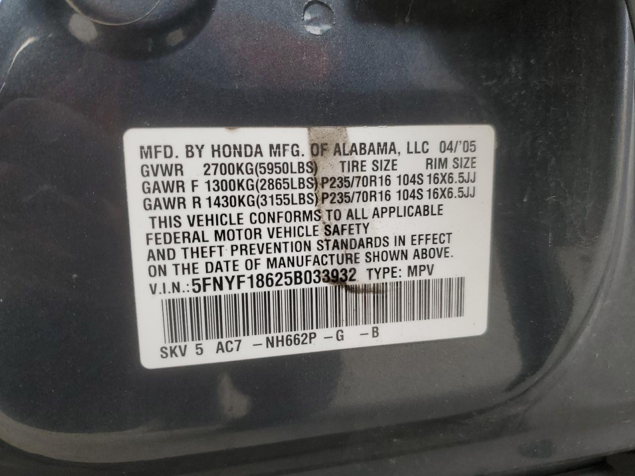 2005 Honda Pilot Exl VIN: 5FNYF18625B033932 Lot: 93333995